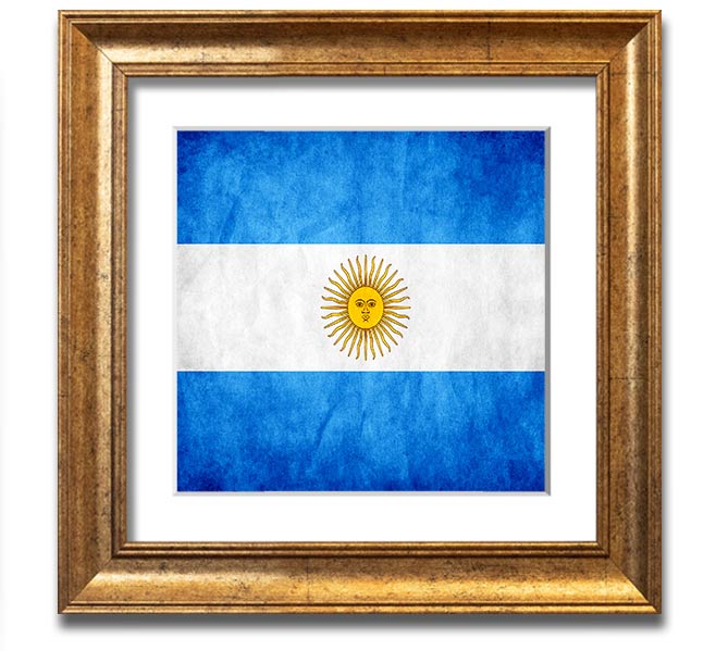 Square framed print of the Argentina flag, featuring blue and white colors with a sun emblem, ready to hang.