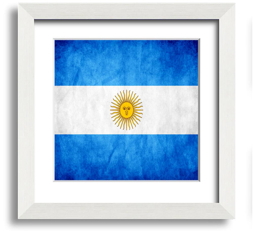 Square framed print of the Argentina flag, featuring blue and white colors with a sun emblem, ready to hang.