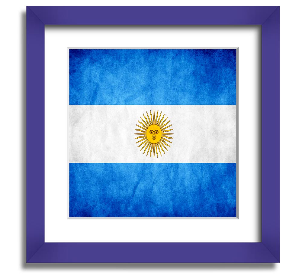 Square framed print of the Argentina flag, featuring blue and white colors with a sun emblem, ready to hang.