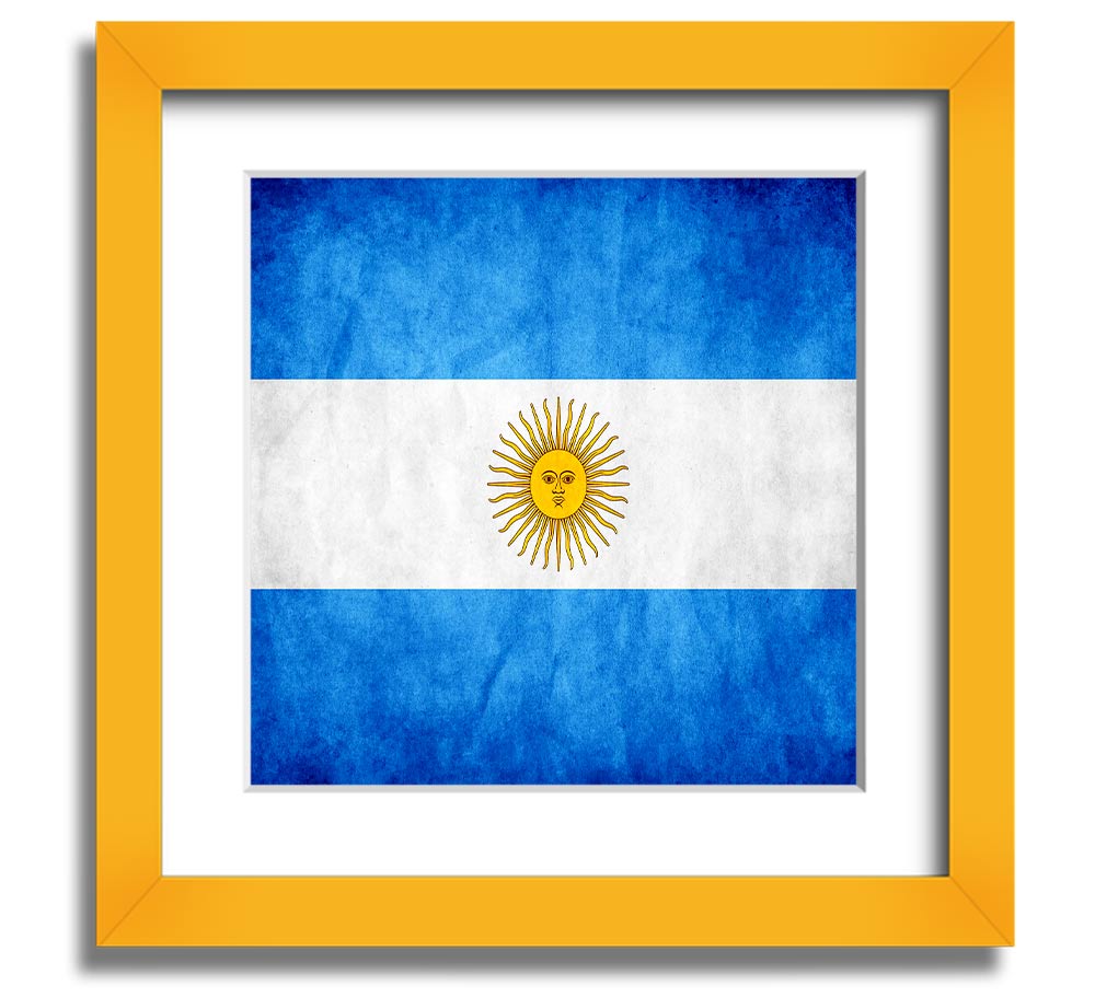 Square framed print of the Argentina flag, featuring blue and white colors with a sun emblem, ready to hang.