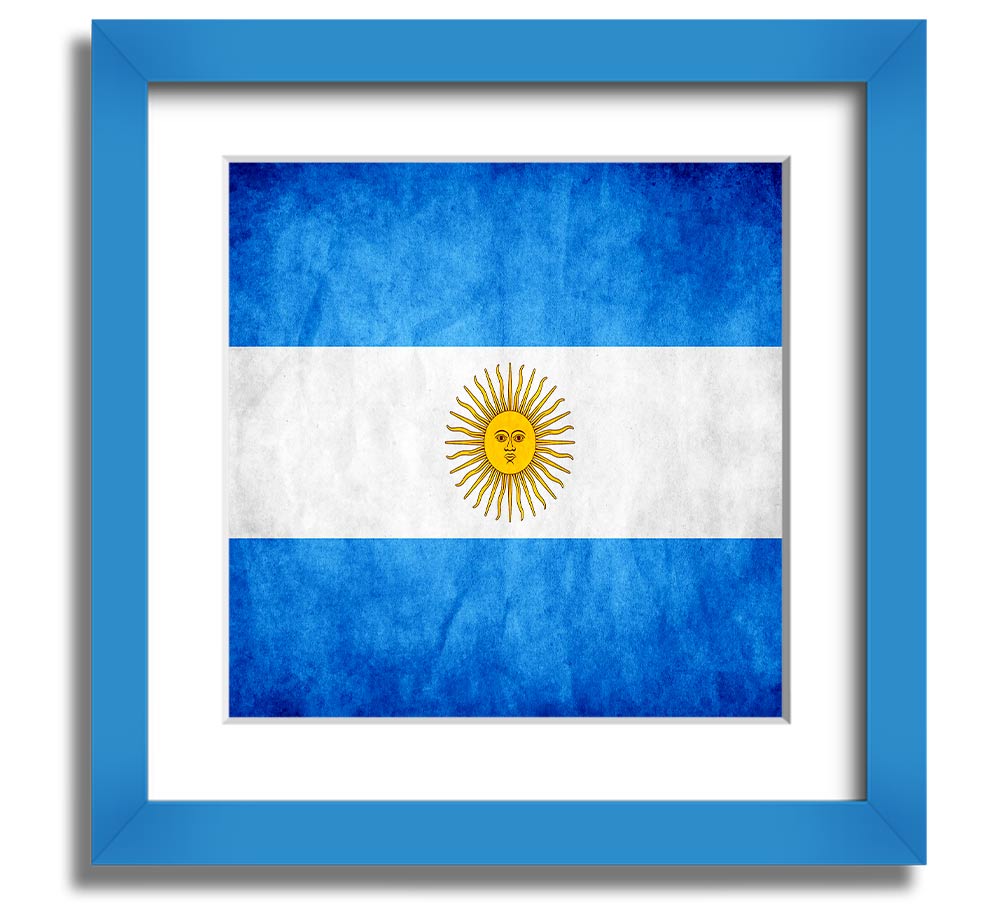 Square framed print of the Argentina flag, featuring blue and white colors with a sun emblem, ready to hang.