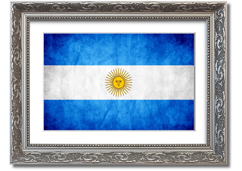 Framed print of the Argentina Flag, showcasing vibrant colors and quality craftsmanship, ready to hang.