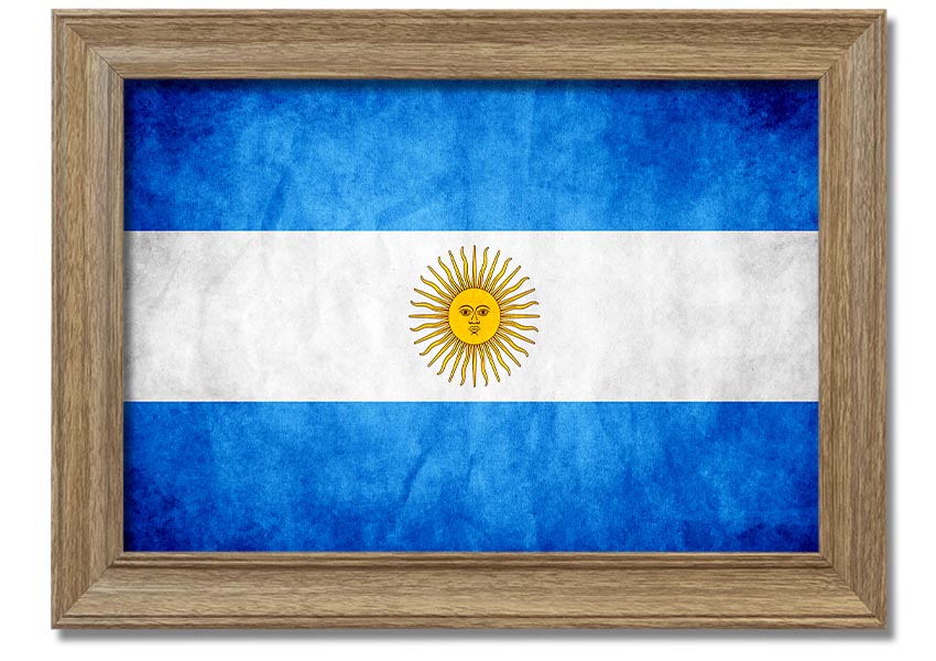 Framed print of the Argentina Flag, showcasing vibrant colors and quality craftsmanship, ready to hang.