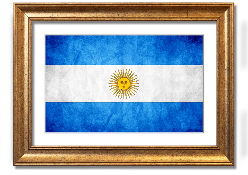 Framed print of the Argentina Flag, showcasing vibrant colors and quality craftsmanship, ready to hang.