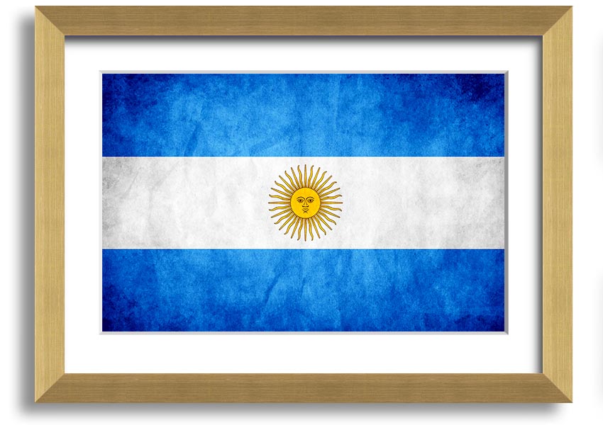 Framed print of the Argentina Flag, showcasing vibrant colors and quality craftsmanship, ready to hang.