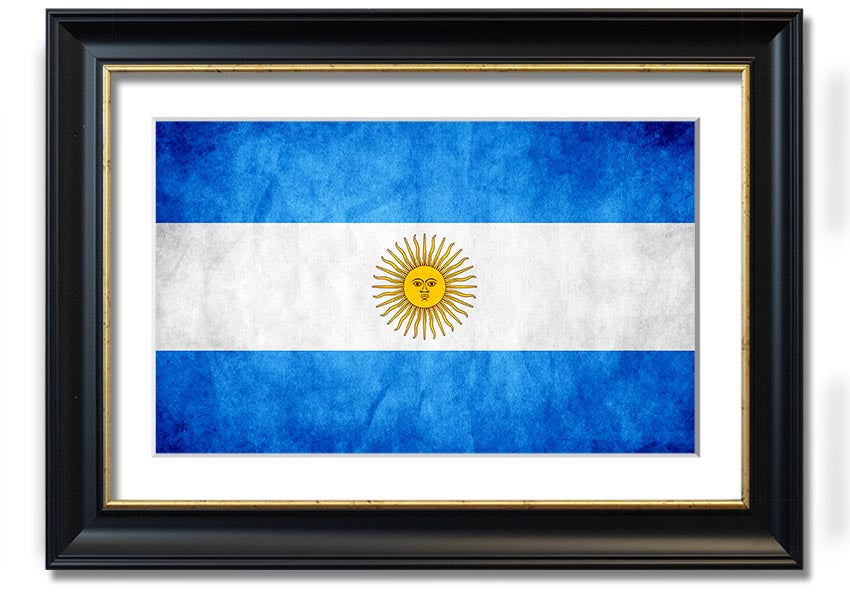 Framed print of the Argentina Flag, showcasing vibrant colors and quality craftsmanship, ready to hang.