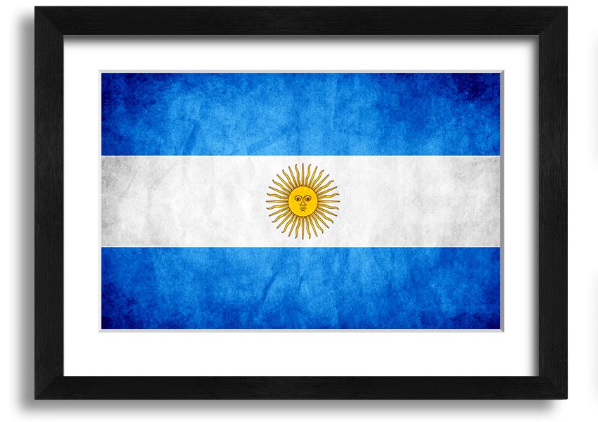 Framed print of the Argentina Flag, showcasing vibrant colors and quality craftsmanship, ready to hang.