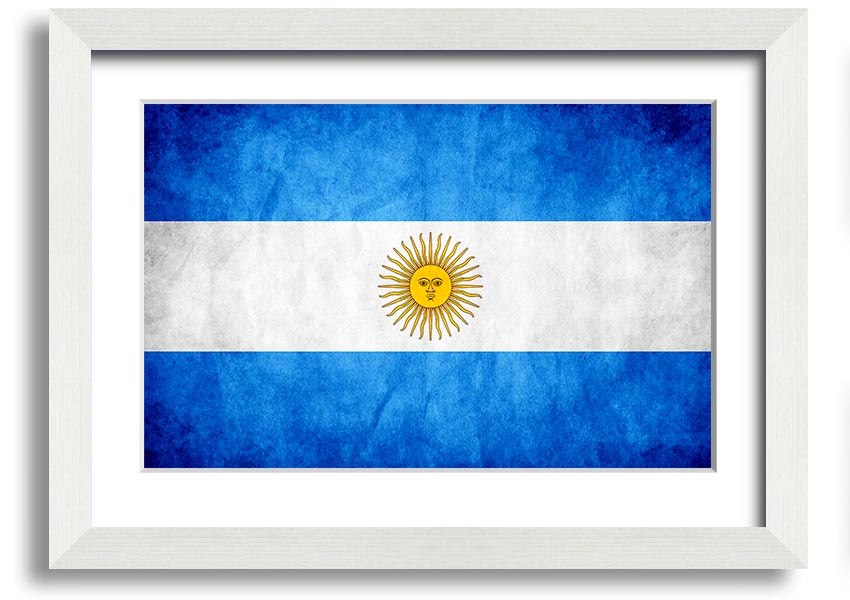 Framed print of the Argentina Flag, showcasing vibrant colors and quality craftsmanship, ready to hang.