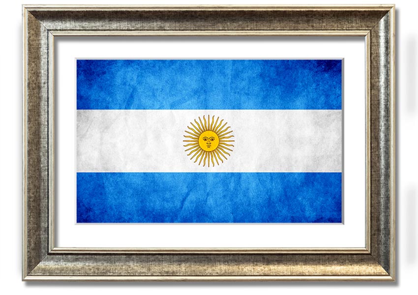 Framed print of the Argentina Flag, showcasing vibrant colors and quality craftsmanship, ready to hang.