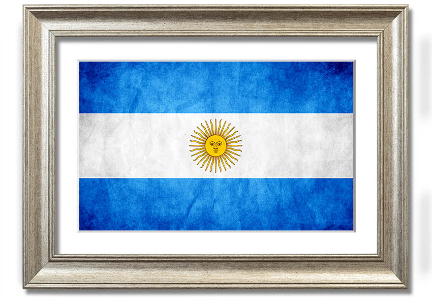 Framed print of the Argentina Flag, showcasing vibrant colors and quality craftsmanship, ready to hang.