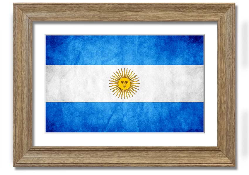 Framed print of the Argentina Flag, showcasing vibrant colors and quality craftsmanship, ready to hang.