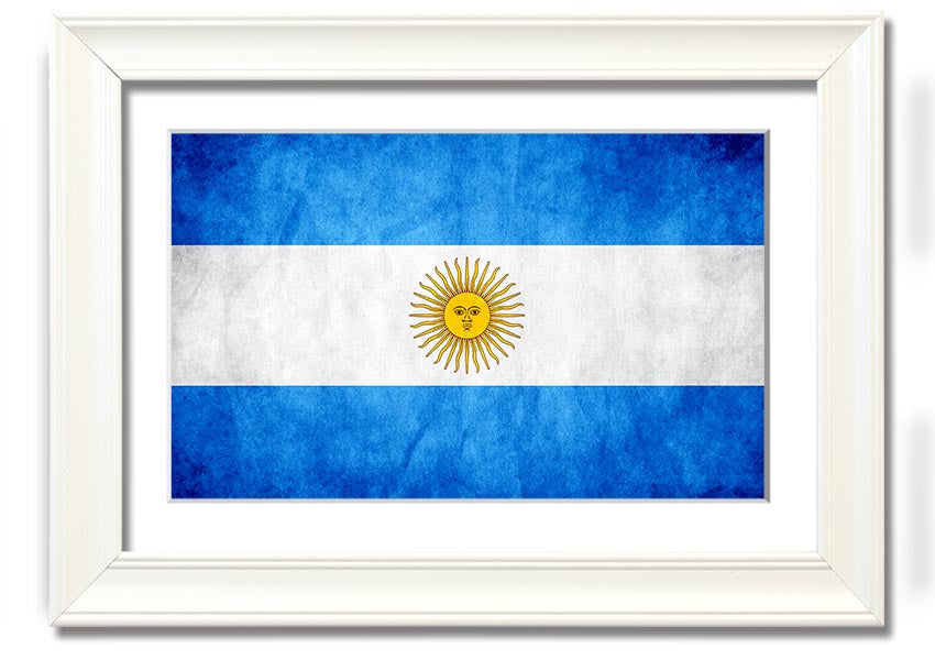 Framed print of the Argentina Flag, showcasing vibrant colors and quality craftsmanship, ready to hang.