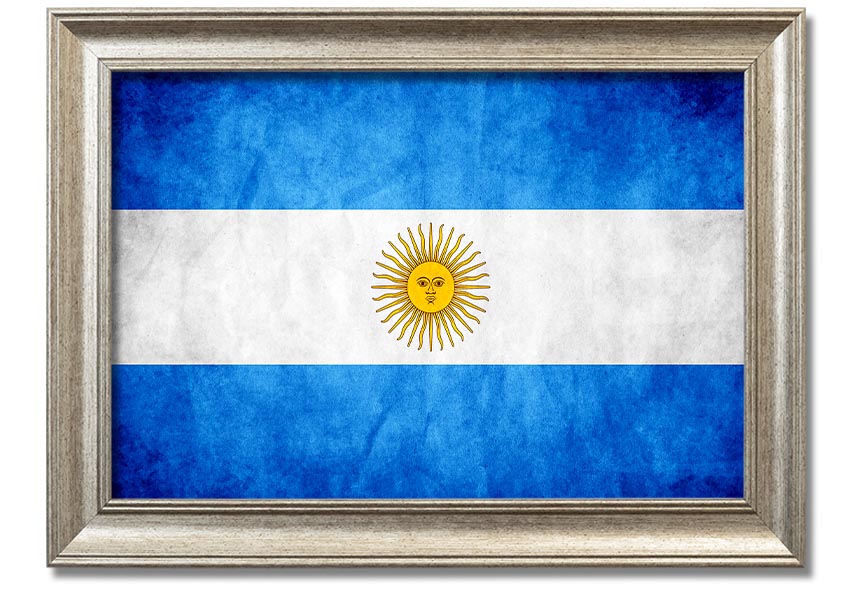 Framed print of the Argentina Flag, showcasing vibrant colors and quality craftsmanship, ready to hang.