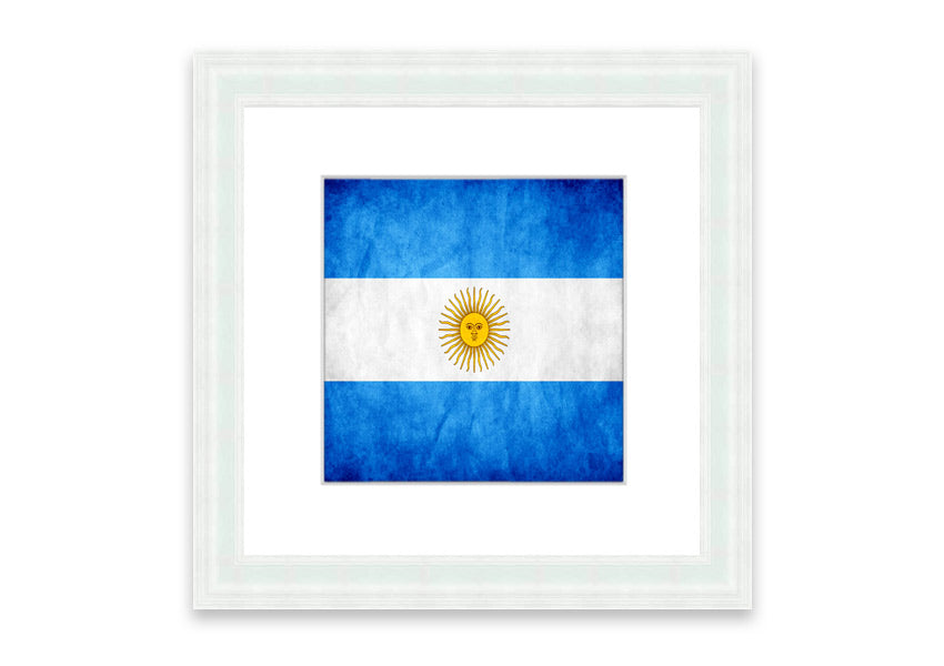 Framed print of the Argentina Flag, showcasing vibrant colors and quality craftsmanship, ready to hang.