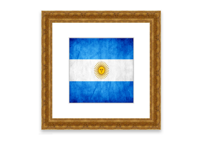 Framed print of the Argentina Flag, showcasing vibrant colors and quality craftsmanship, ready to hang.