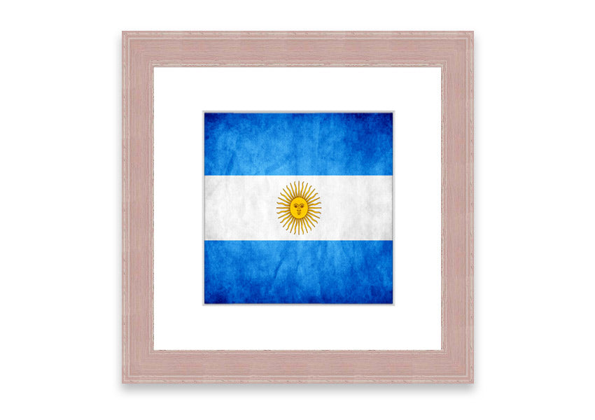 Framed print of the Argentina Flag, showcasing vibrant colors and quality craftsmanship, ready to hang.