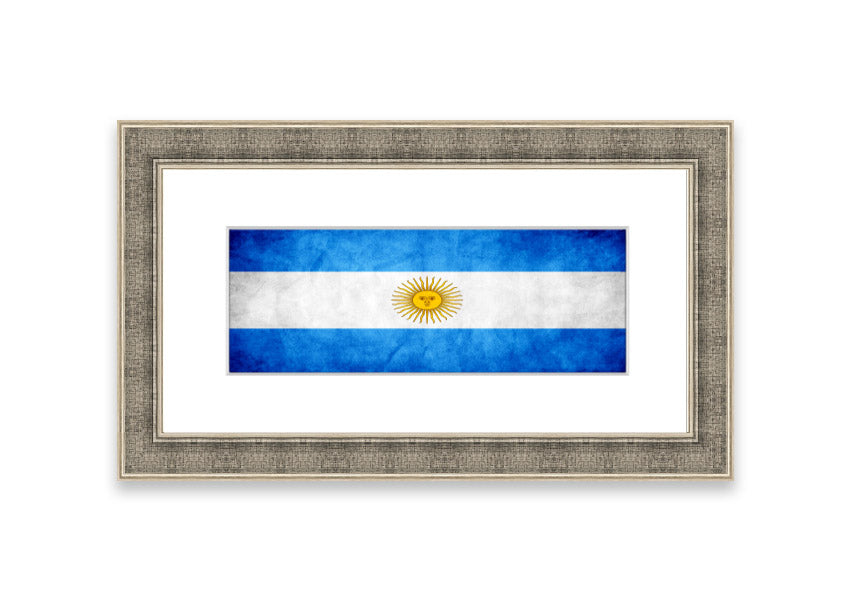 Framed print of the Argentina Flag, showcasing vibrant colors and quality craftsmanship, ready to hang.