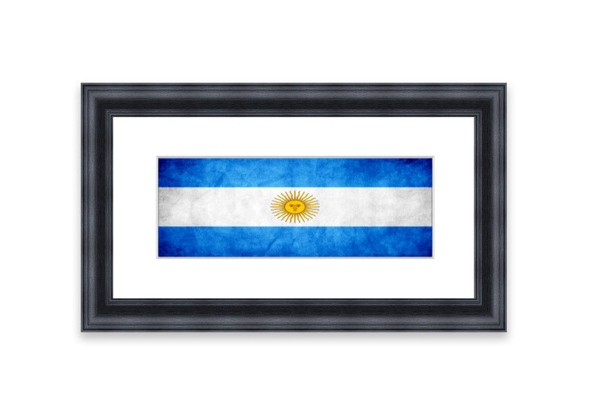 Framed print of the Argentina Flag, showcasing vibrant colors and quality craftsmanship, ready to hang.