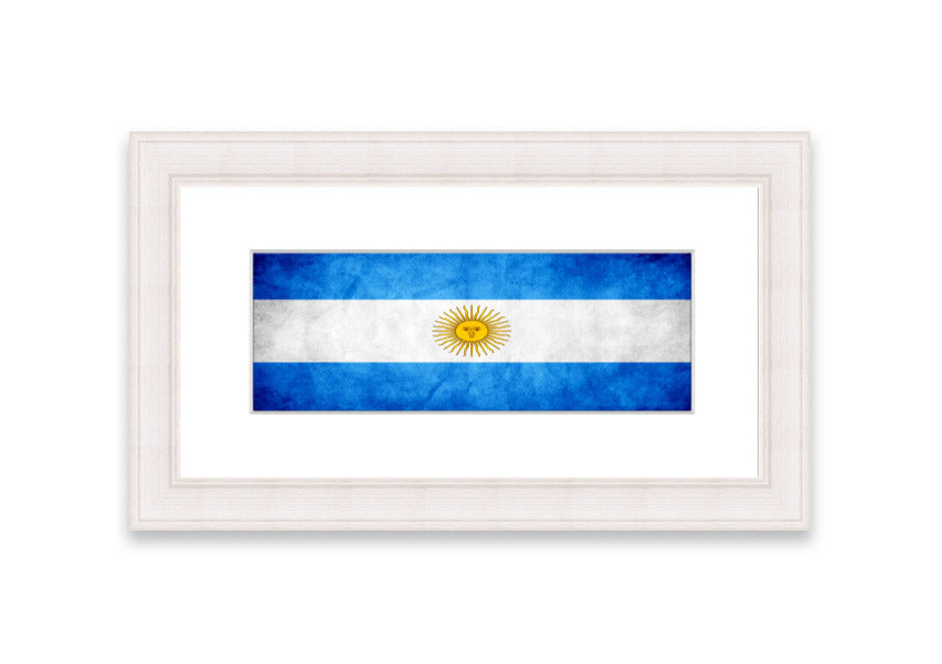 Framed print of the Argentina Flag, showcasing vibrant colors and quality craftsmanship, ready to hang.