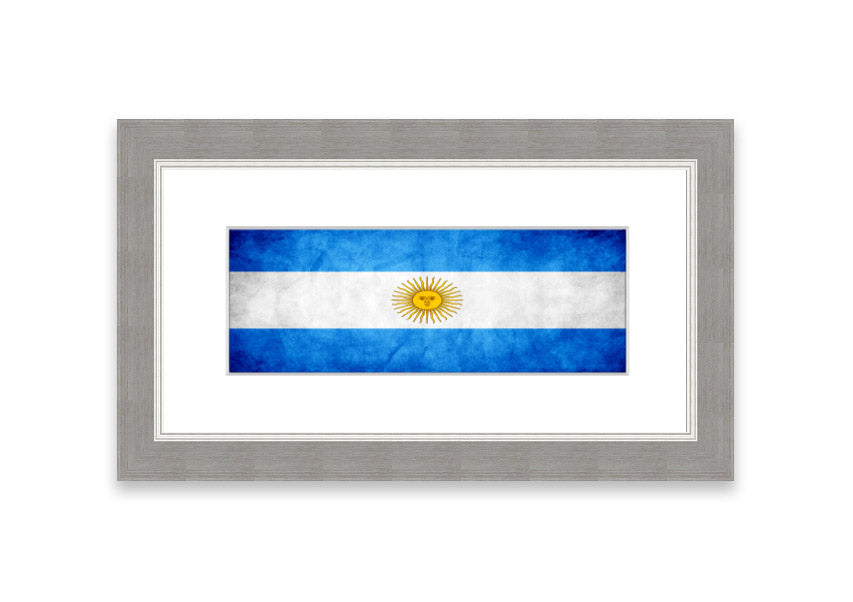 Framed print of the Argentina Flag, showcasing vibrant colors and quality craftsmanship, ready to hang.