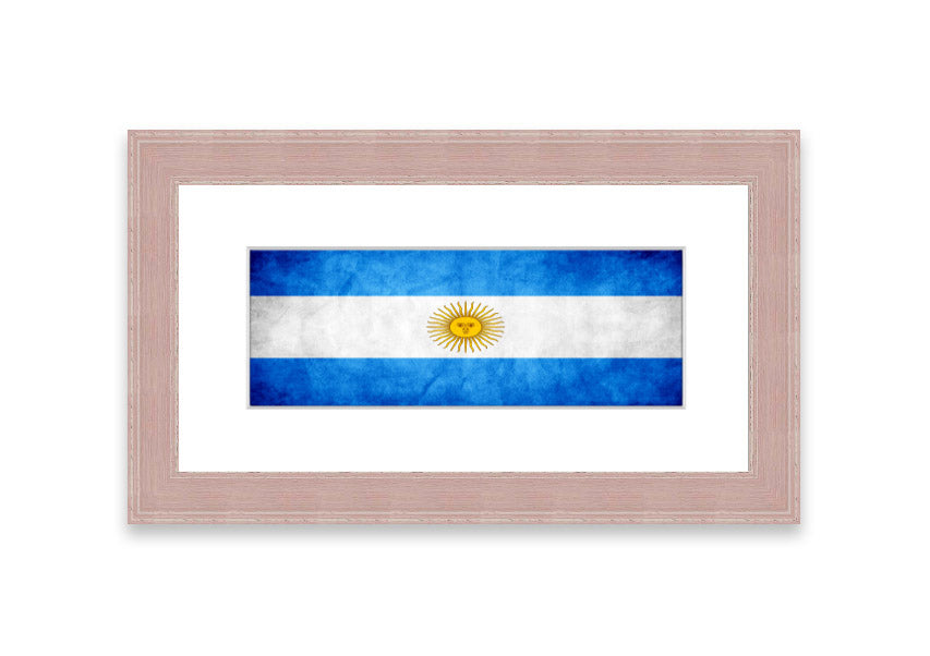 Framed print of the Argentina Flag, showcasing vibrant colors and quality craftsmanship, ready to hang.