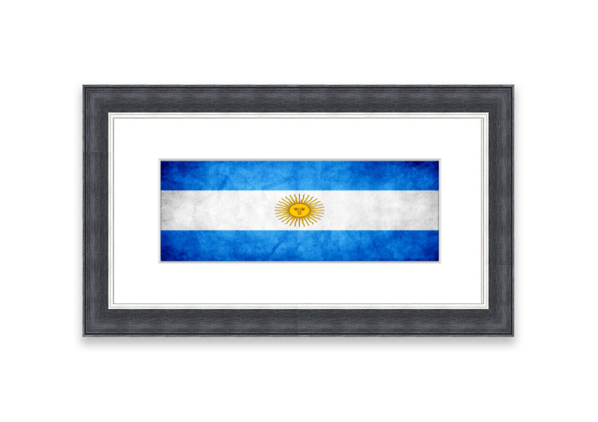 Framed print of the Argentina Flag, showcasing vibrant colors and quality craftsmanship, ready to hang.