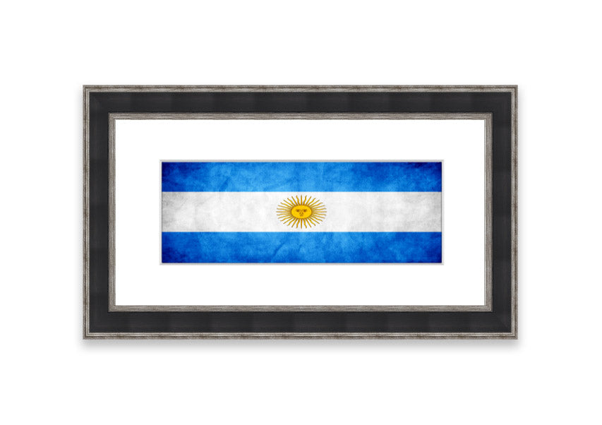 Framed print of the Argentina Flag, showcasing vibrant colors and quality craftsmanship, ready to hang.