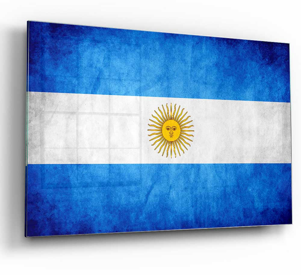 A vibrant glass print of the Argentina Flag featuring blue and white colors with the sun emblem.