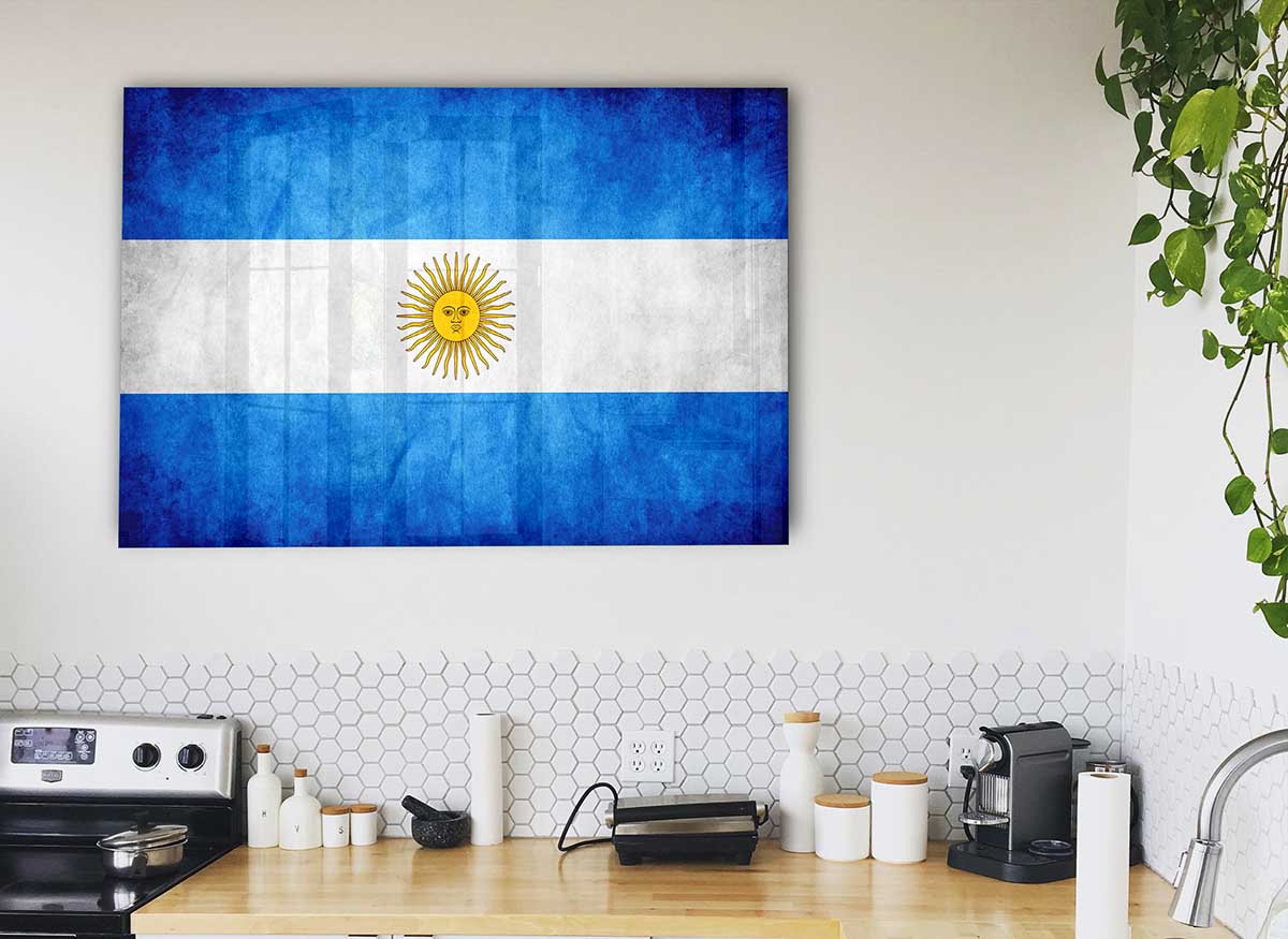 A vibrant glass print of the Argentina Flag featuring blue and white colors with the sun emblem.