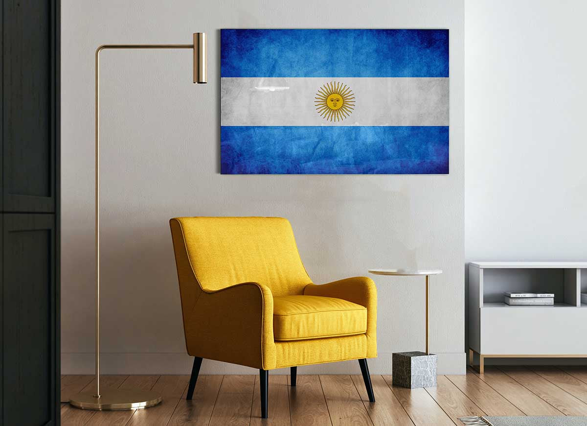 A vibrant glass print of the Argentina Flag featuring blue and white colors with the sun emblem.