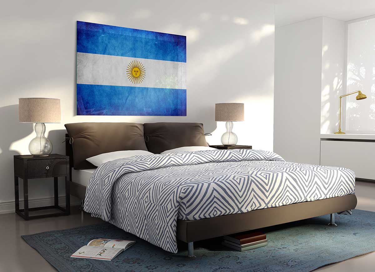 A vibrant glass print of the Argentina Flag featuring blue and white colors with the sun emblem.