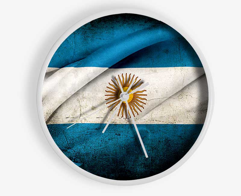 Argentina Sun Flag clock made from natural bamboo with a round face and clear Plexiglas lens, available in multiple colors.