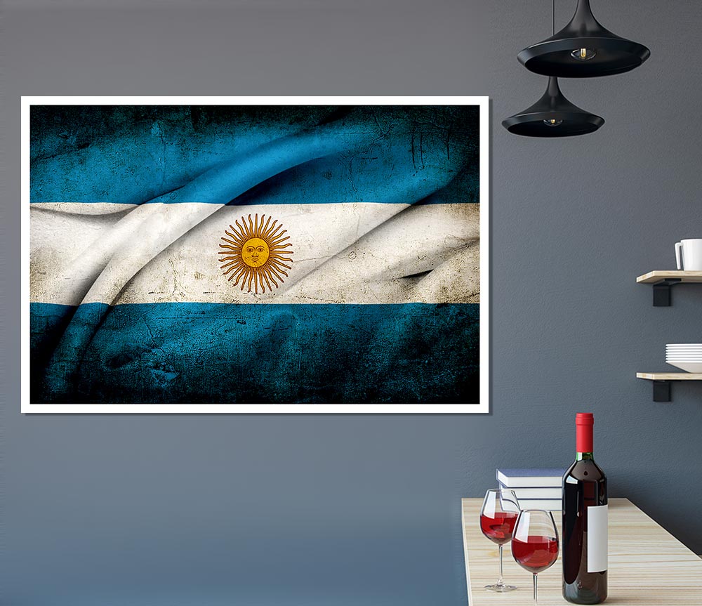 Argentina Sun Flag poster printed on high-quality canvas, showcasing vibrant colors and intricate details.