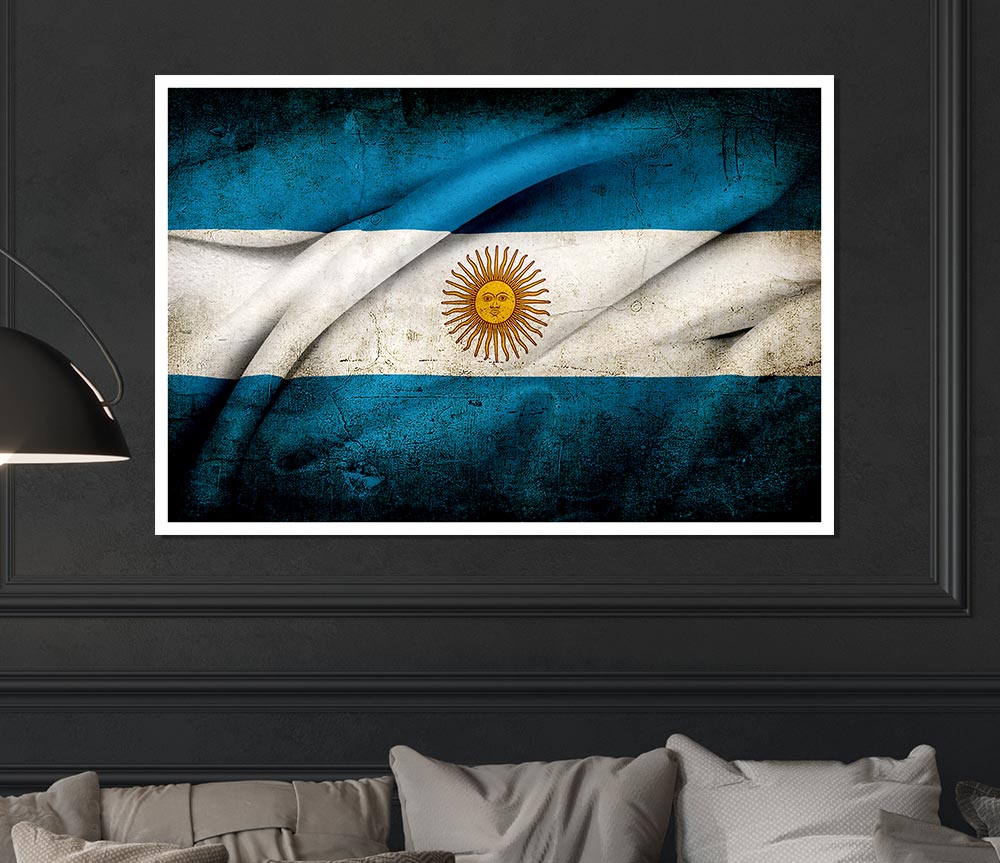 Argentina Sun Flag poster printed on high-quality canvas, showcasing vibrant colors and intricate details.