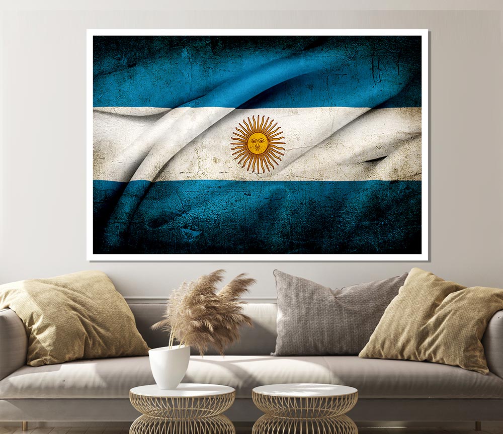 Argentina Sun Flag poster printed on high-quality canvas, showcasing vibrant colors and intricate details.