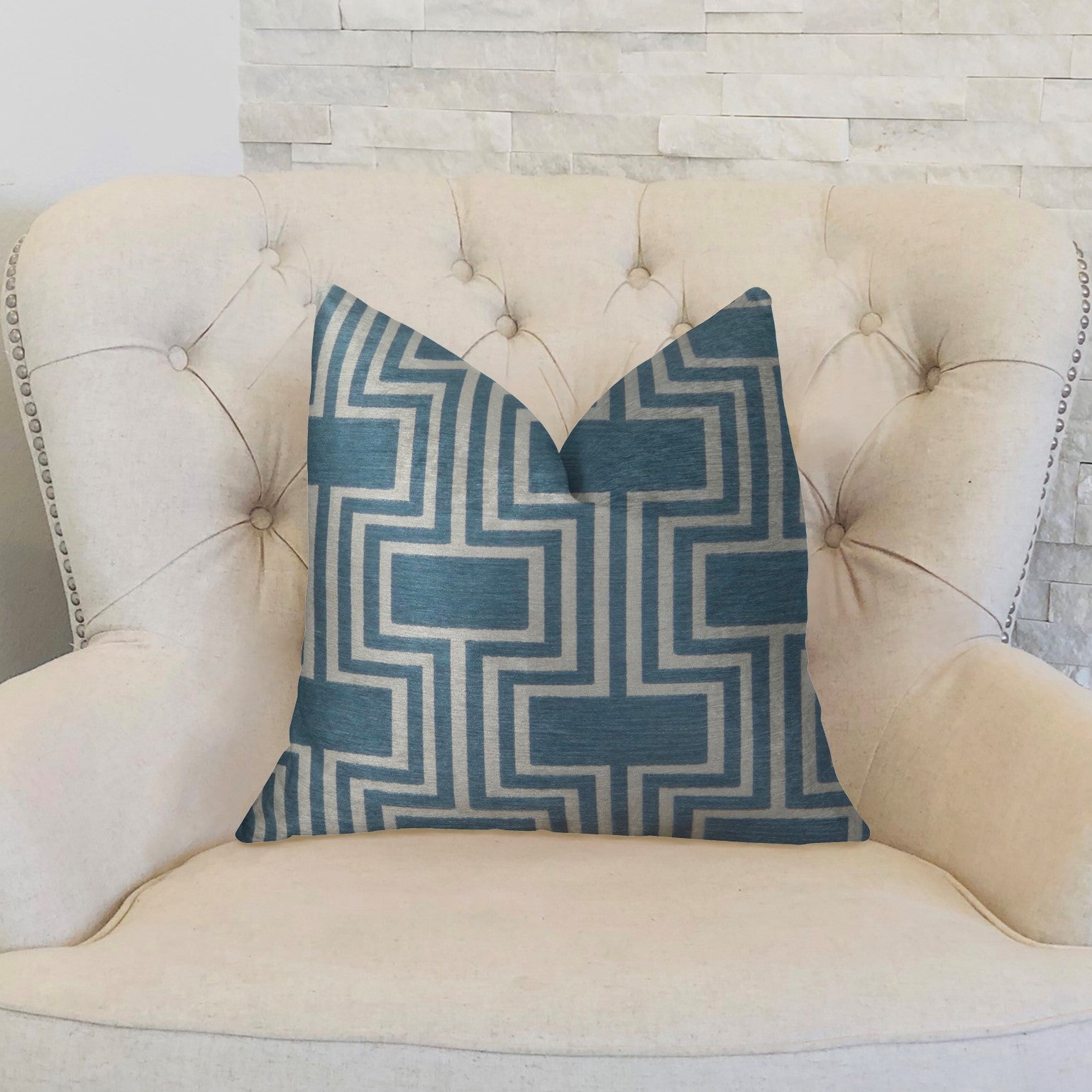 Argyle Square Blue and White Handmade Luxury Pillow featuring a geometric pattern, double-sided design, and invisible zipper closure.