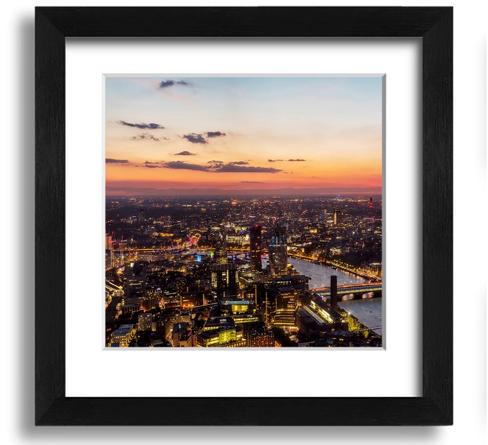 Ariel Twilight View Square Framed Print in various frame colors, showcasing a beautiful twilight scene.