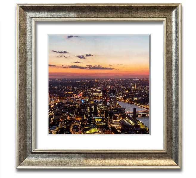 Ariel Twilight View Square Framed Print in various frame colors, showcasing a beautiful twilight scene.