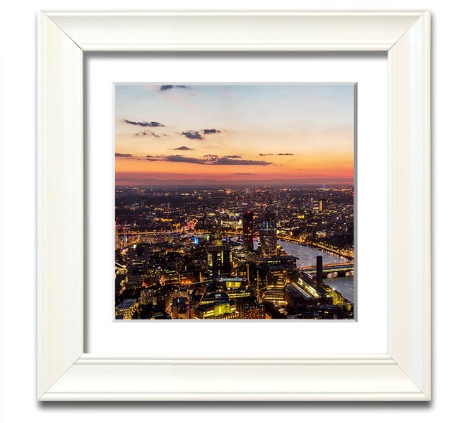 Ariel Twilight View Square Framed Print in various frame colors, showcasing a beautiful twilight scene.