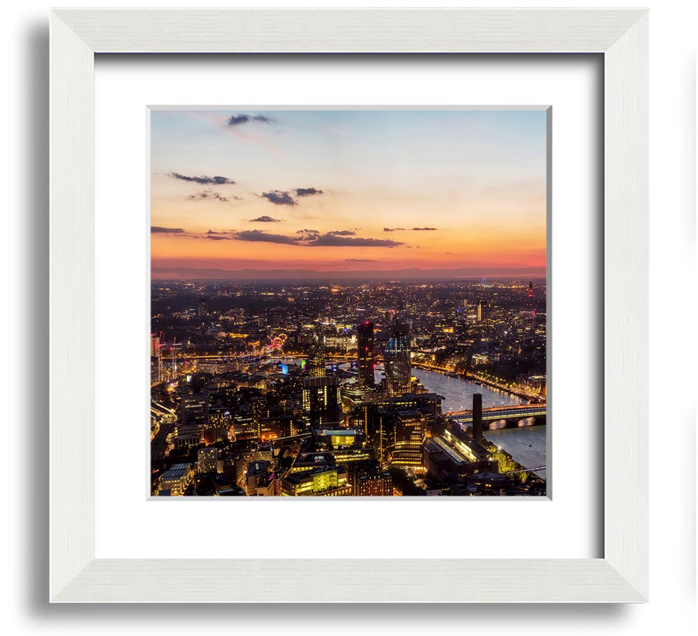 Ariel Twilight View Square Framed Print in various frame colors, showcasing a beautiful twilight scene.