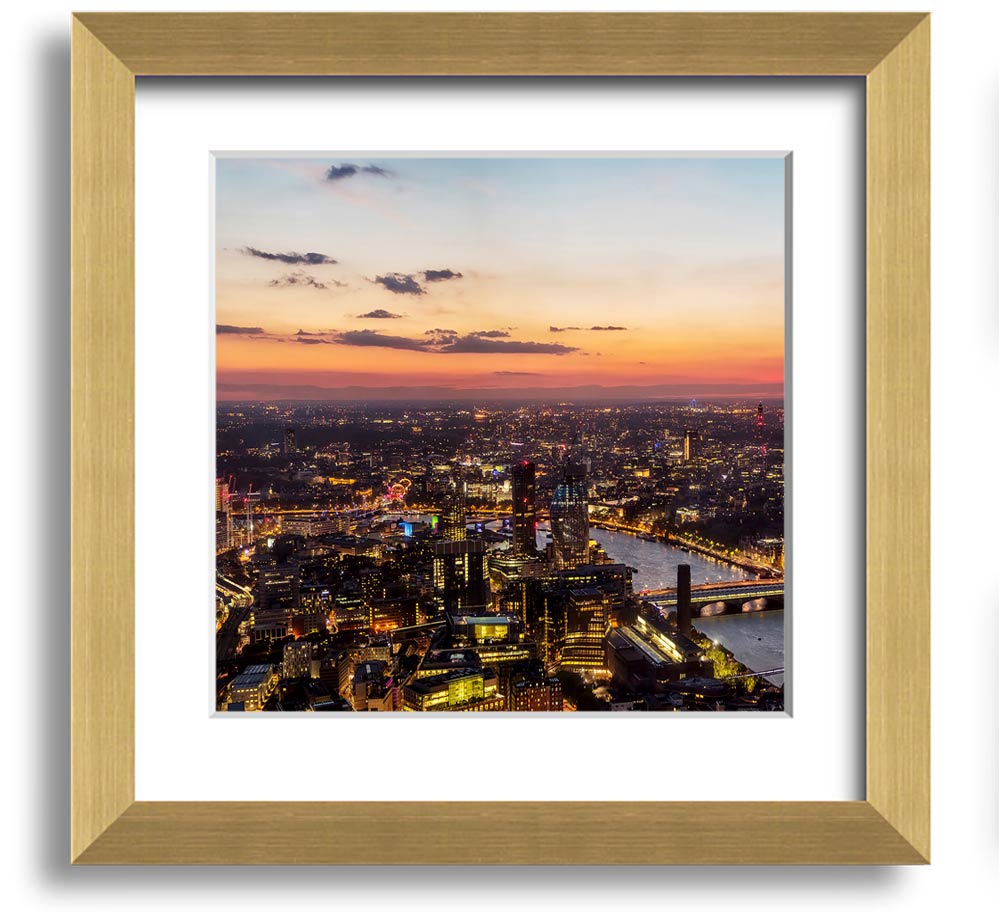 Ariel Twilight View Square Framed Print in various frame colors, showcasing a beautiful twilight scene.