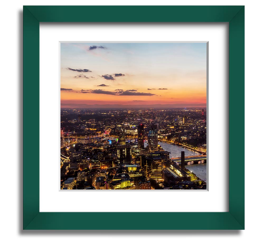 Ariel Twilight View Square Framed Print in various frame colors, showcasing a beautiful twilight scene.