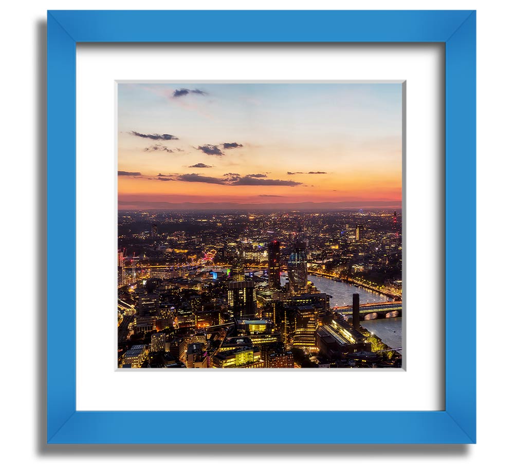 Ariel Twilight View Square Framed Print in various frame colors, showcasing a beautiful twilight scene.