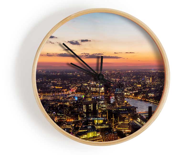 Ariel Twilight View clock made from natural bamboo with a round face, available in black, white, and natural frame colors.