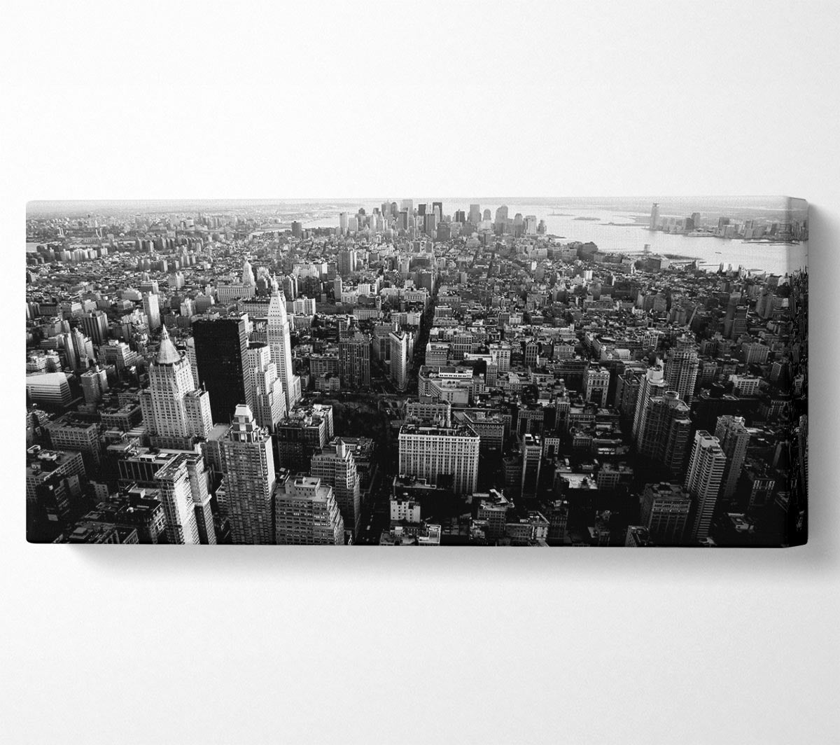 Aerial view of Chicago skyline in black and white on canvas, mounted on a box frame, ready to hang.