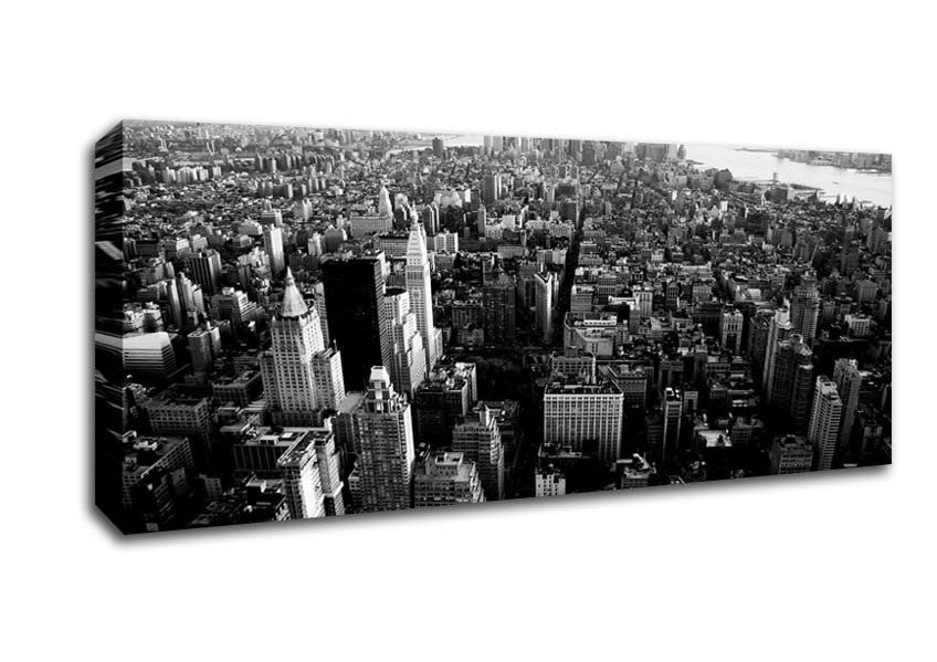 Aerial view of Chicago skyline in black and white on canvas, mounted on a box frame, ready to hang.