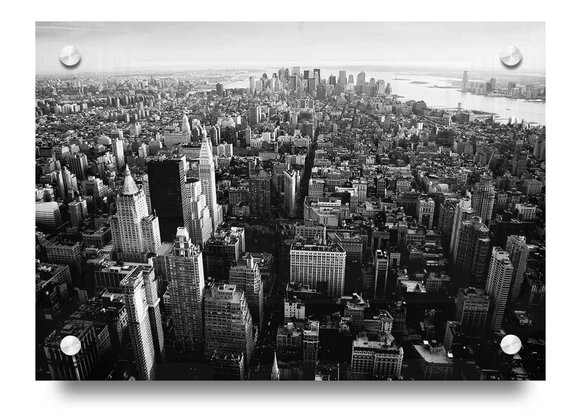 Aerial view of Chicago in black and white, printed on 5mm thick acrylic glass, showcasing the city's skyline.