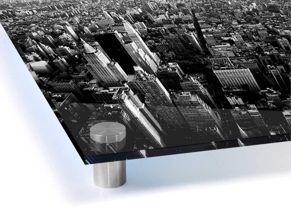 Aerial view of Chicago in black and white, printed on 5mm thick acrylic glass, showcasing the city's skyline.