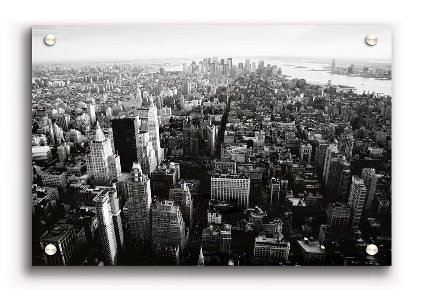 Aerial view of Chicago in black and white, printed on 5mm thick acrylic glass, showcasing the city's skyline.