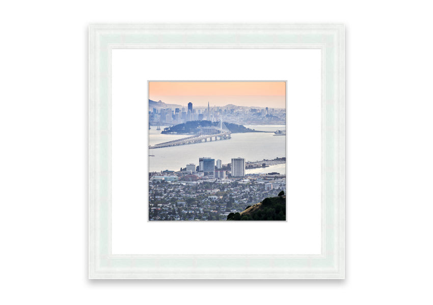 A framed print showcasing an aerial view of a vibrant city, beautifully presented in a stylish frame.